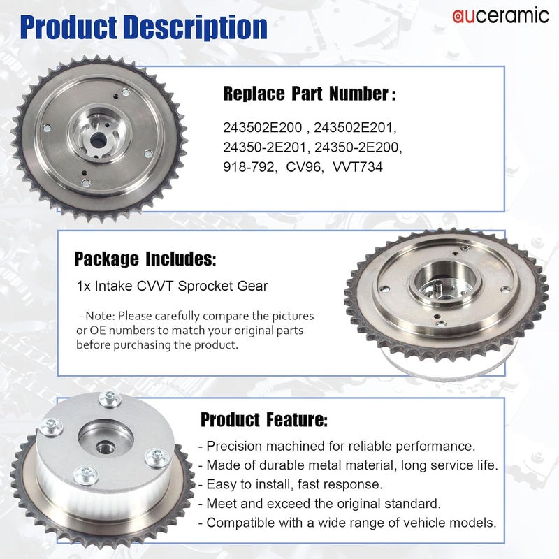 AUCERAMIC 243502E200 243502E201 Single Timing Camshaft Gear Fit 2014-2020 for Hyundai Elantra Coupe GT Sonata Tucson for KIA Forte KOUP Forte5 Optima Soul Rondo 2.0L CVVT Intake Sprocket (1pc) - Image 4